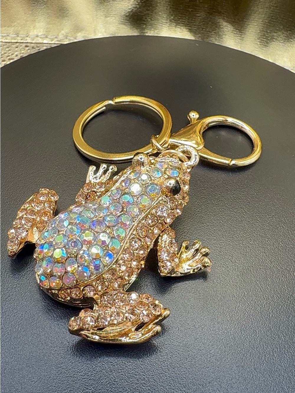 Crystal Frog Keychain - Gold Tone with Iridescent and Light Pink Crystals